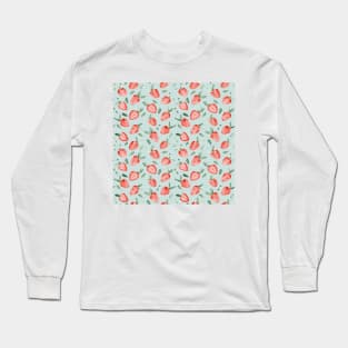 Watercolor painting of tropical strawberries on light greenish blue background Long Sleeve T-Shirt